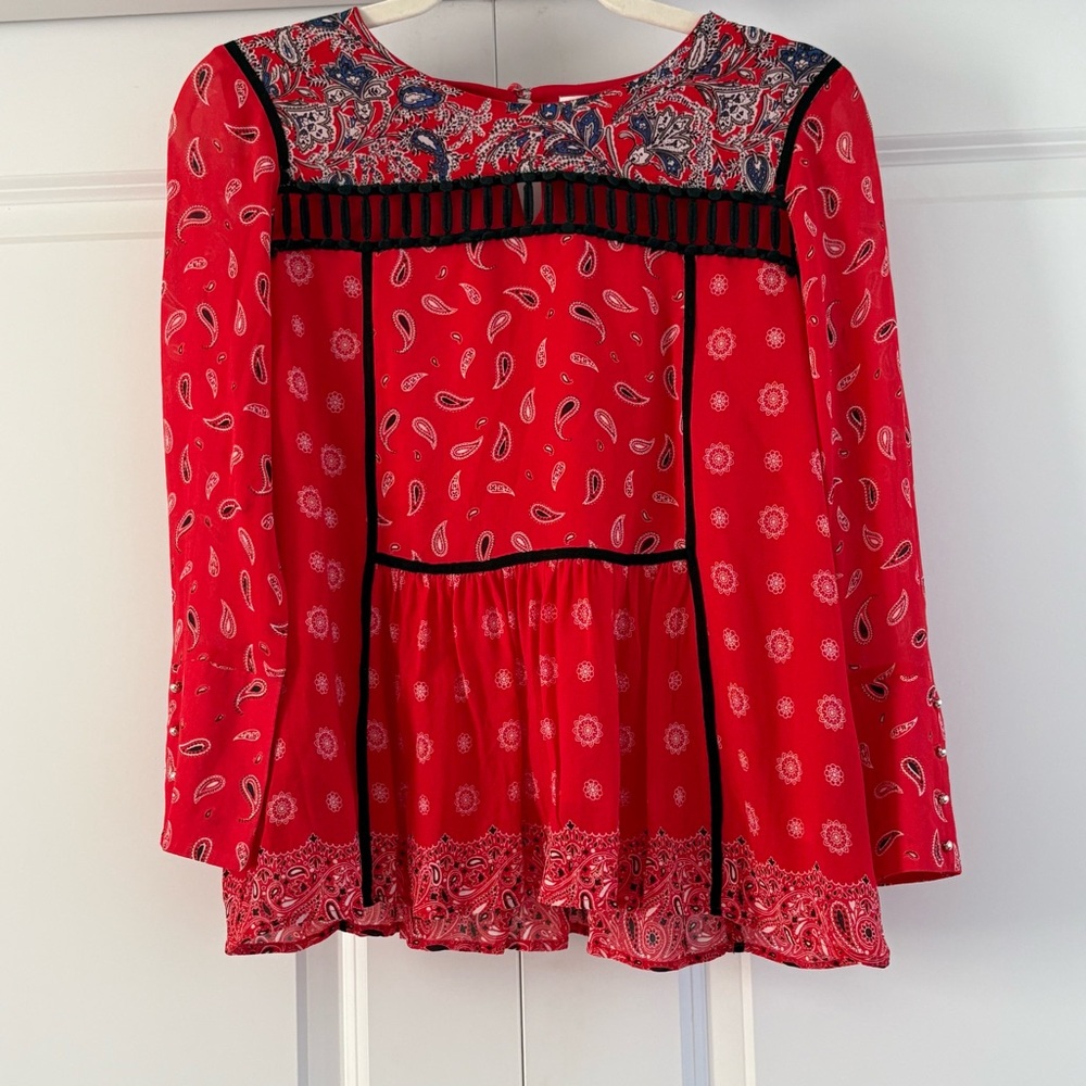 Claudie Pierlot Parisian Chic Red Long Sleeve Paisley Blouse with Black Accents